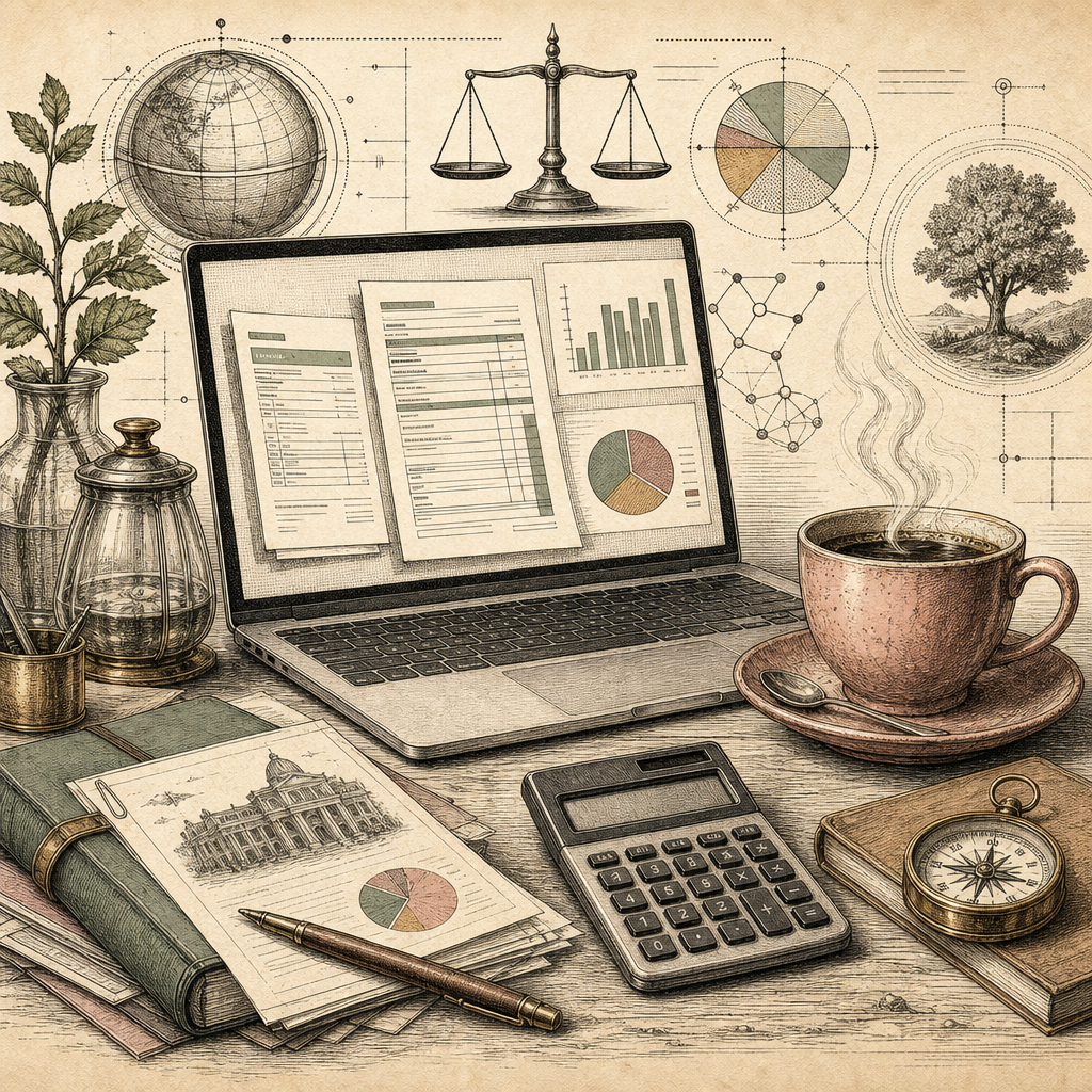 A coffee shop scene: a laptop with digital invoices, tax forms, and financial graphs on the screen; nearby are a calculator and a steaming cup of coffee. No humans or hands visible.