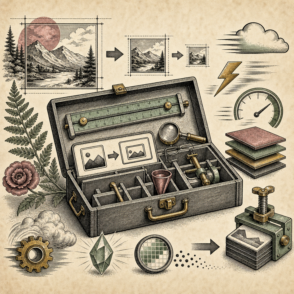 A digital toolbox with tools like a resizing ruler, conversion icons, and compression symbols turning large image files into smaller, web-optimized versions. Use symbols that represent speed, clarity,