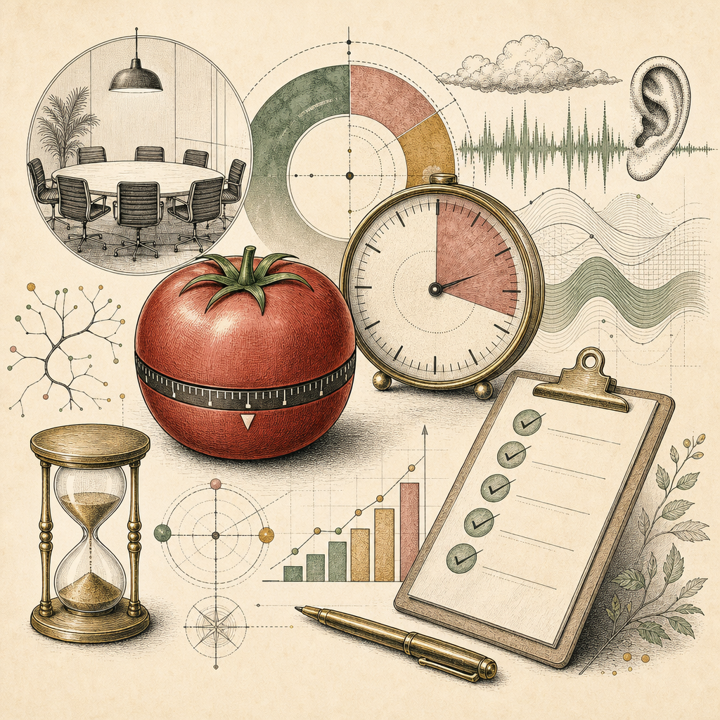 Abstract collage of a Pomodoro timer, countdown clock, ambient sound waves, and a checklist coming together to represent productivity in meetings.