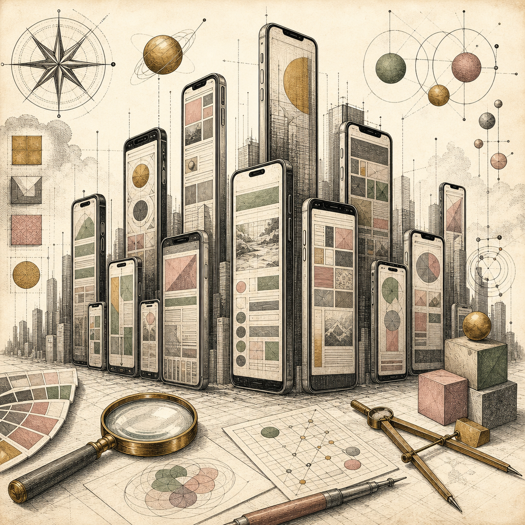 An abstract, vibrant cityscape where skyscrapers are made of mobile phones, symbolizing the dominance of mobile-first design in modern web landscapes. Each phone displays a unique design element, like
