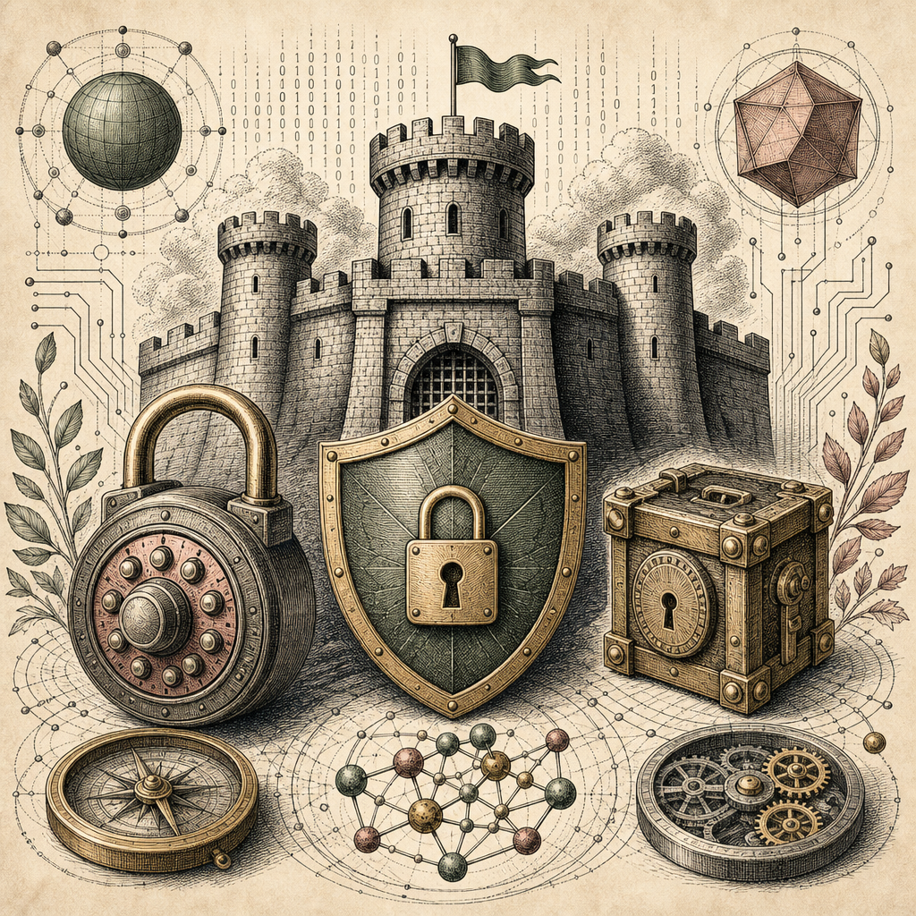 Depict a digital fortress with symbols representing strong passwords, such as a lock, combination padlock, and shield, set against a backdrop of binary code.