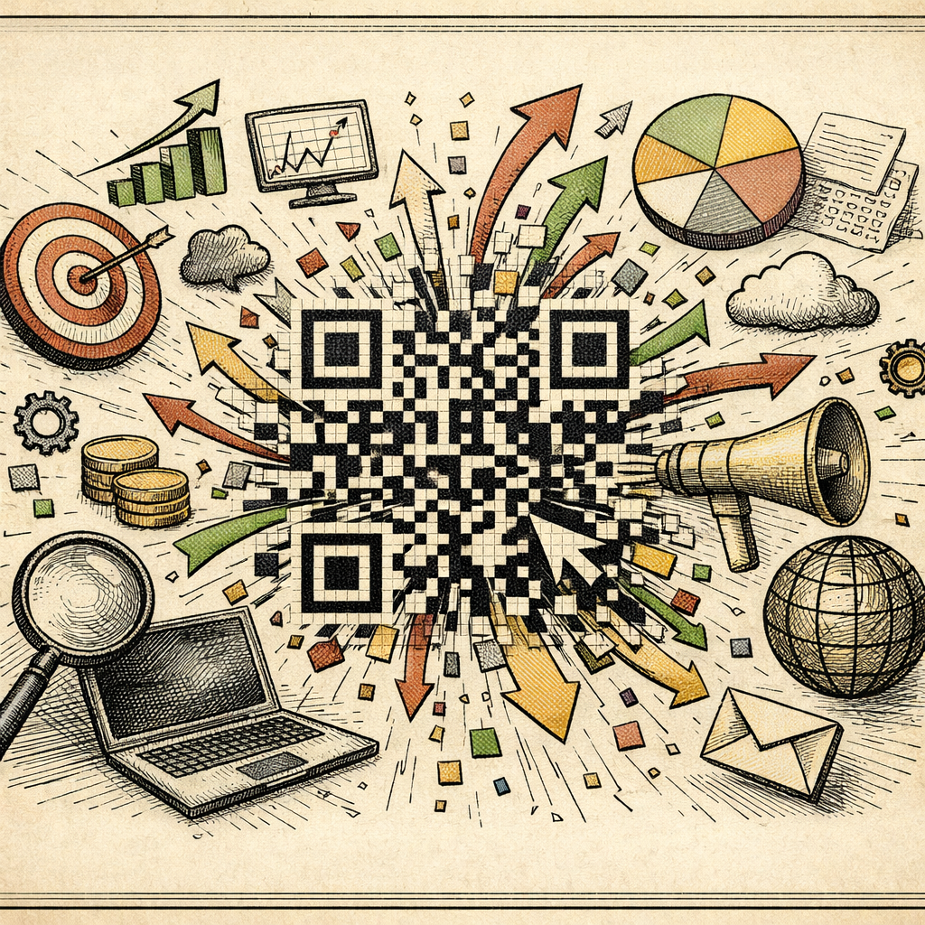 A vibrant depiction of a QR code exploding with colorful digital elements like arrows, pie charts, and computer icons, symbolizing connectivity and marketing success.
