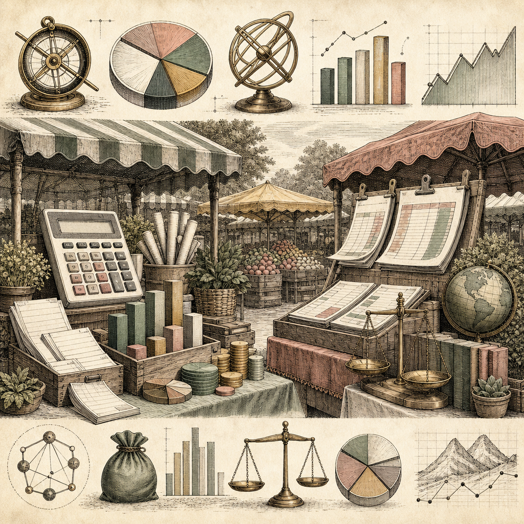 A bustling marketplace scene where various tools like calculators, invoices, and financial graphs are creatively integrated into market stalls, symbolizing the economics of a side hustle.