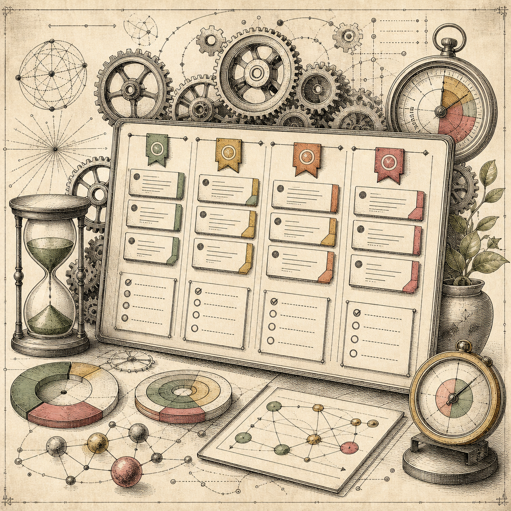 An abstract illustration of a digital task board with multiple tasks being organized by priority levels using colored labels, timers, and checklists, set against a backdrop of interconnected gears sym