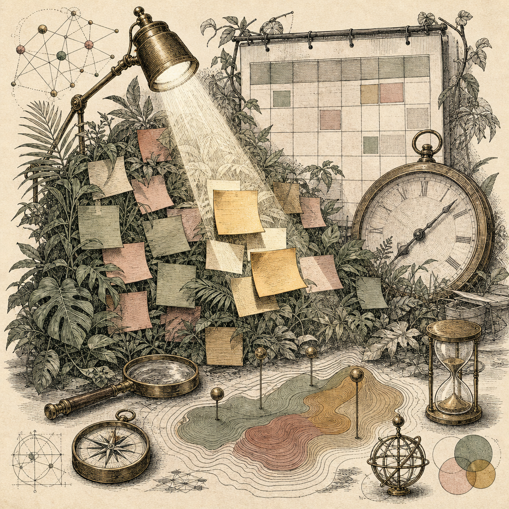 An abstract scene showing a jungle of tasks represented by overlapping sticky notes, some highlighted with a spotlight against a background of a calendar and clock, symbolizing task prioritization.