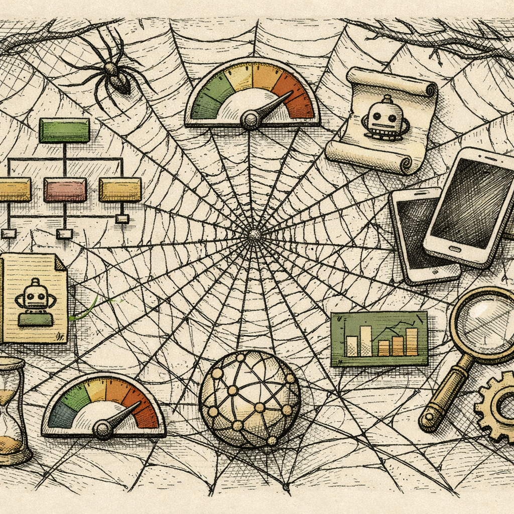 An intricate web with digital symbols like XML sitemap, robots.txt, speed meters, and mobile devices tangled in the strands, highlighting technical SEO elements.