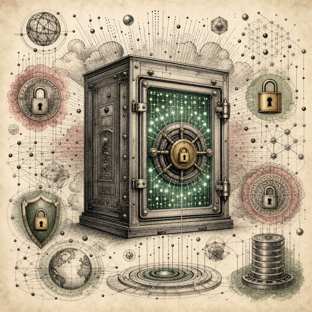 A digital vault with glowing encryption codes and padlocks, surrounded by abstract data symbols like binary code and locks, representing data privacy protection.
