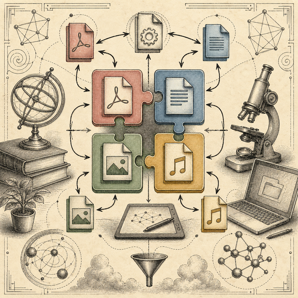 A colorful array of digital file icons (PDF, DOCX, JPEG, MP3) being shuffled and connected like puzzle pieces with arrows indicating conversion flows, set against a digital workspace backdrop.