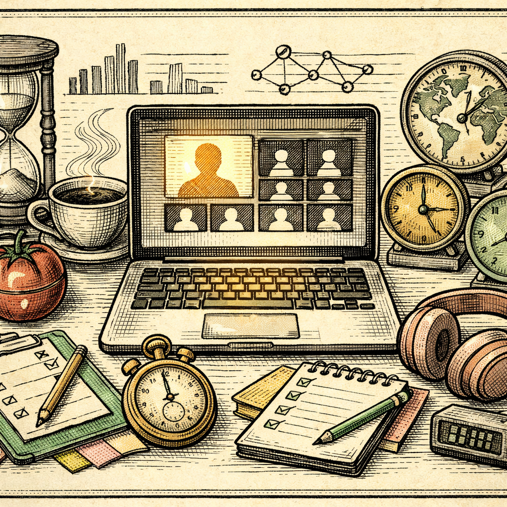 A scene of digital tools like Pomodoro timers, world clocks, and checklists surrounding a glowing laptop screen displaying a virtual meeting interface