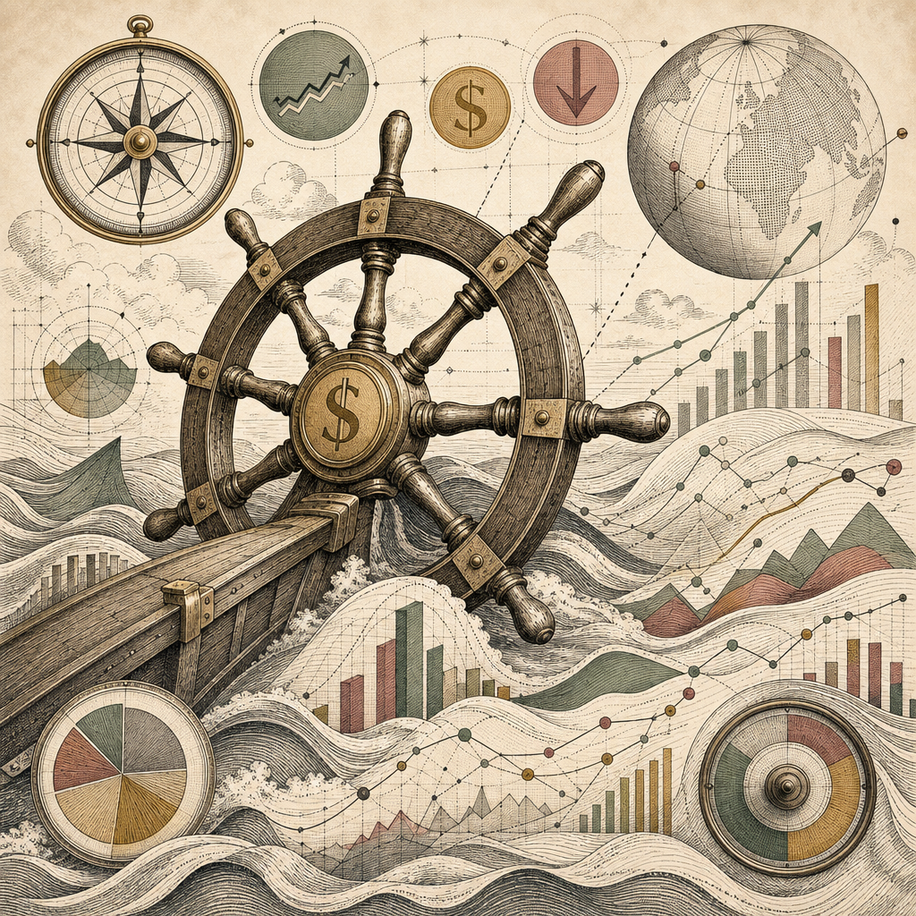 A nautical-themed abstract illustration featuring a ship's wheel with numbers and symbols representing financial metrics like dollar signs and arrows, sailing through a sea of charts and graphs. No hu