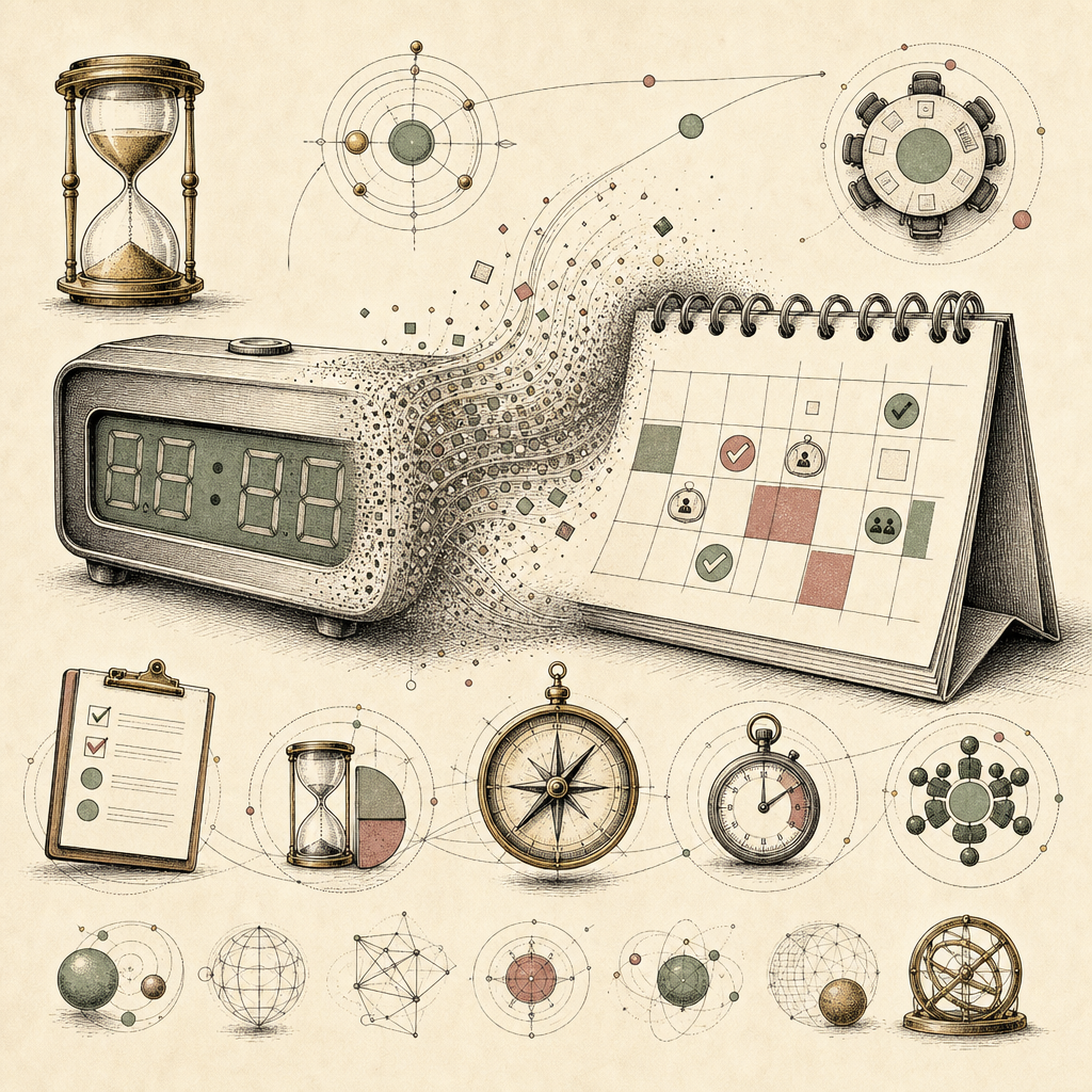 A digital clock morphing into a calendar with abstract meeting symbols like checklists and timers, symbolizing the transformation of time management in meetings.