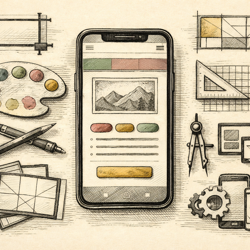 A smartphone screen displaying an elegantly designed website with clear navigation and accessible buttons, surrounded by icons of design tools like color palettes, grids, and aspect ratio lines, symbo