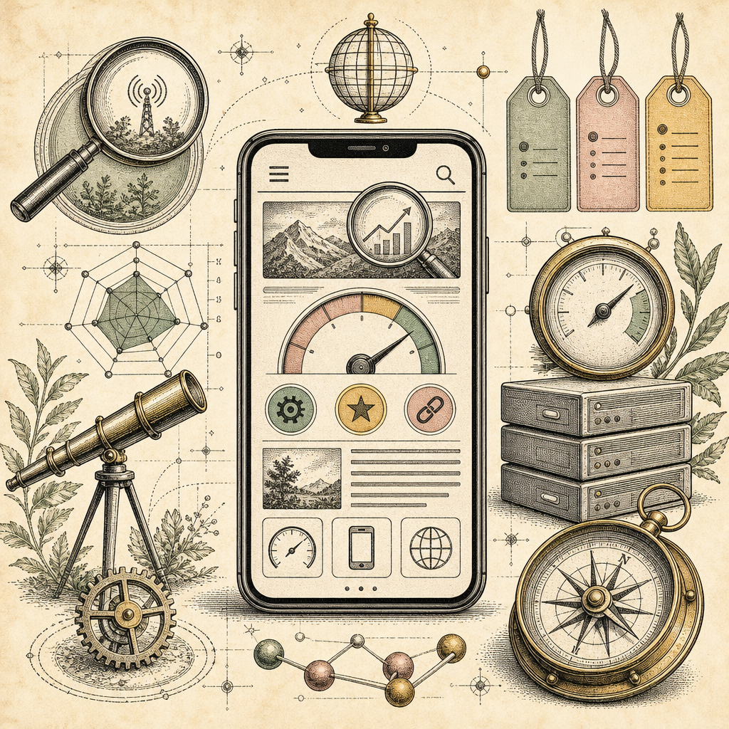 A smartphone screen showing a mobile-friendly website with SEO elements like speedometer dials, meta tags, and navigation buttons, all creatively arranged to symbolize mobile SEO optimization.