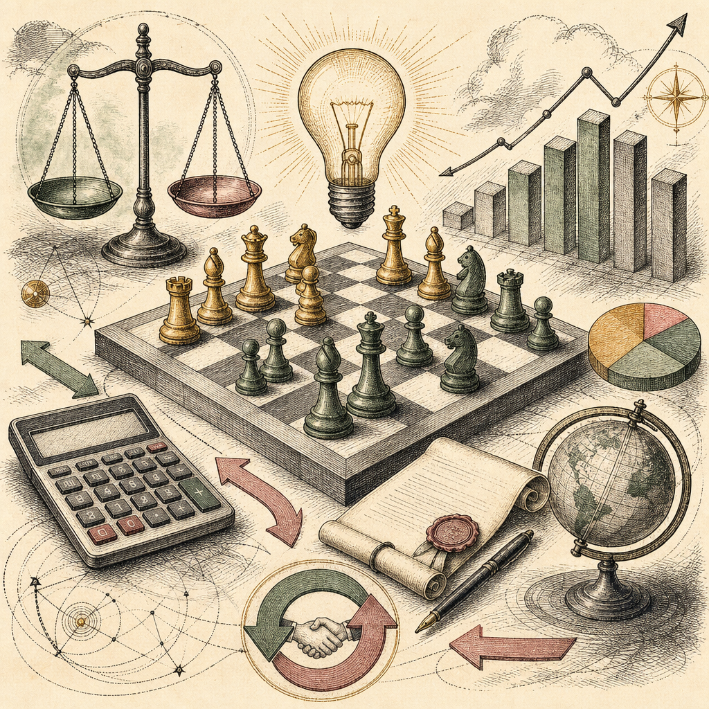 A chessboard with strategic pieces like a calculator, a contract, and a financial graph. Symbols of negotiation tactics like scales of justice, arrows pointing to win-win agreements, and a light bulb 