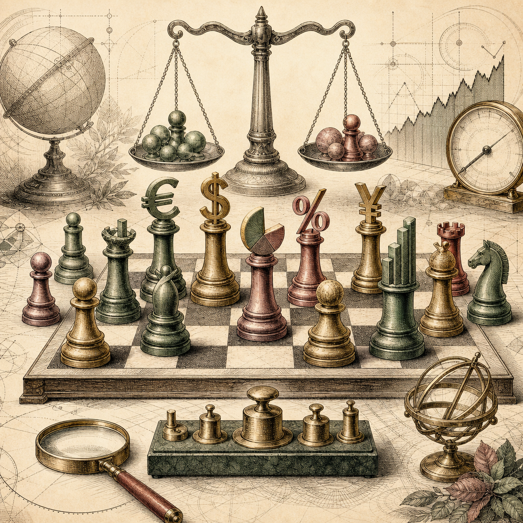 A business negotiation scene depicted through symbolic objects: a chessboard with currency symbols, percentage signs, and ROI graphs as chess pieces, set against a backdrop of scales and balance weigh