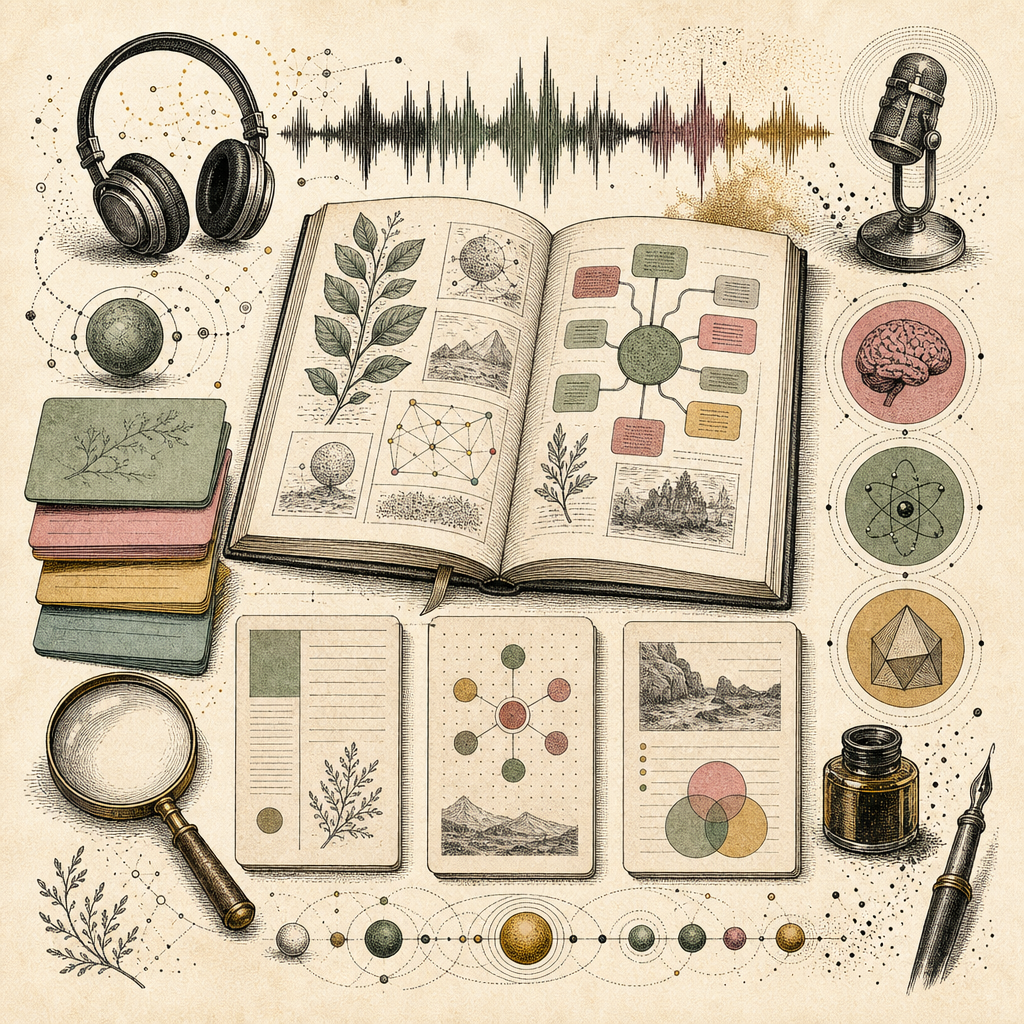 An abstract illustration of vivid digital notes with colorful flashcards, audio waves, and structured pages symbolizing different note-taking methods.