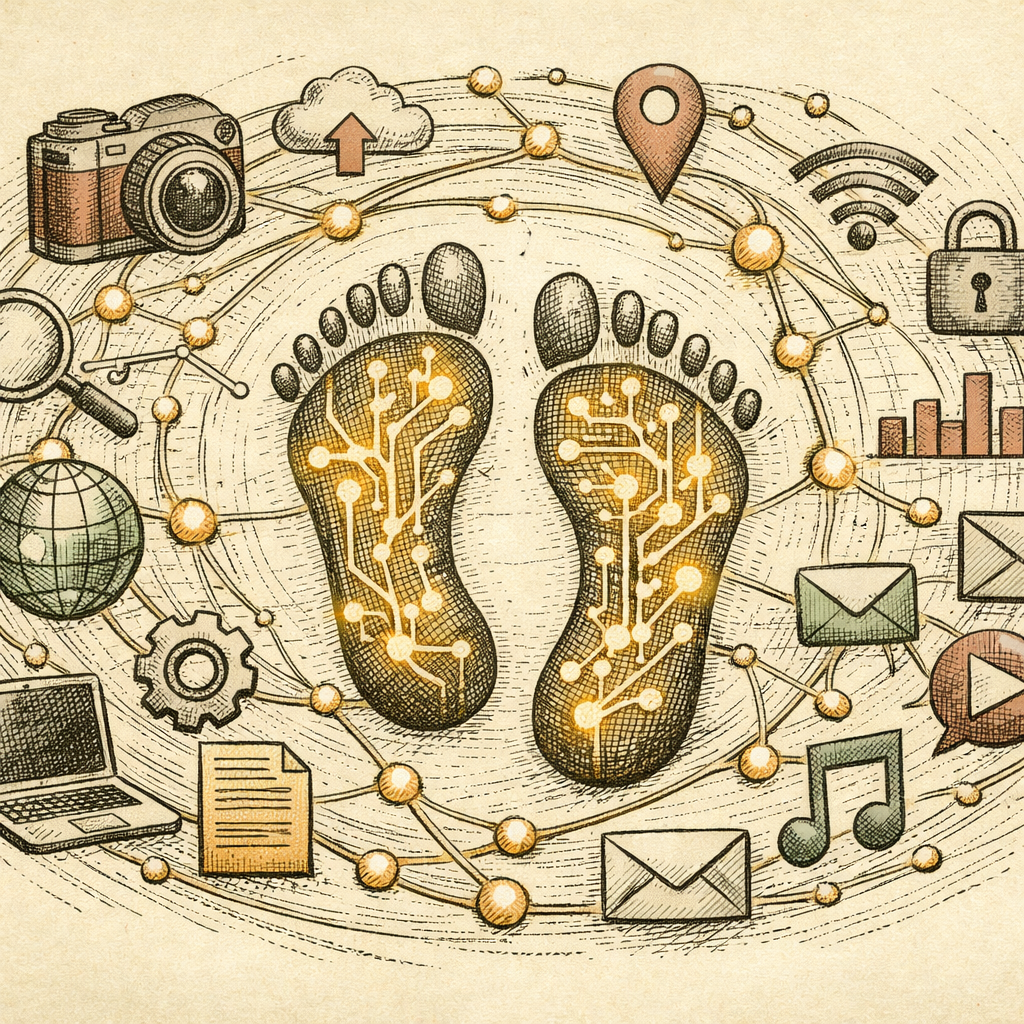 An abstract depiction of digital footprints surrounded by swirling metadata symbols, including icons like cameras, location pins, and document files, all interconnected with glowing lines.