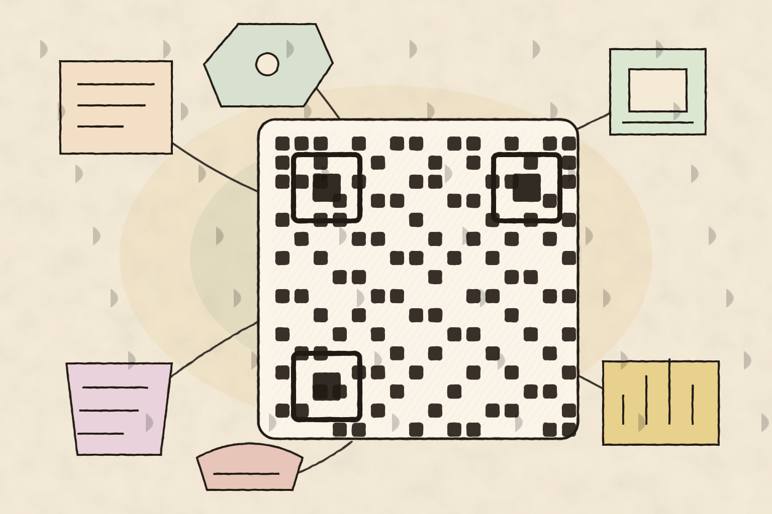 Vintage technical illustration of a decorative QR-style grid connected to receipts, product tags, storefront signage, and analytics cards