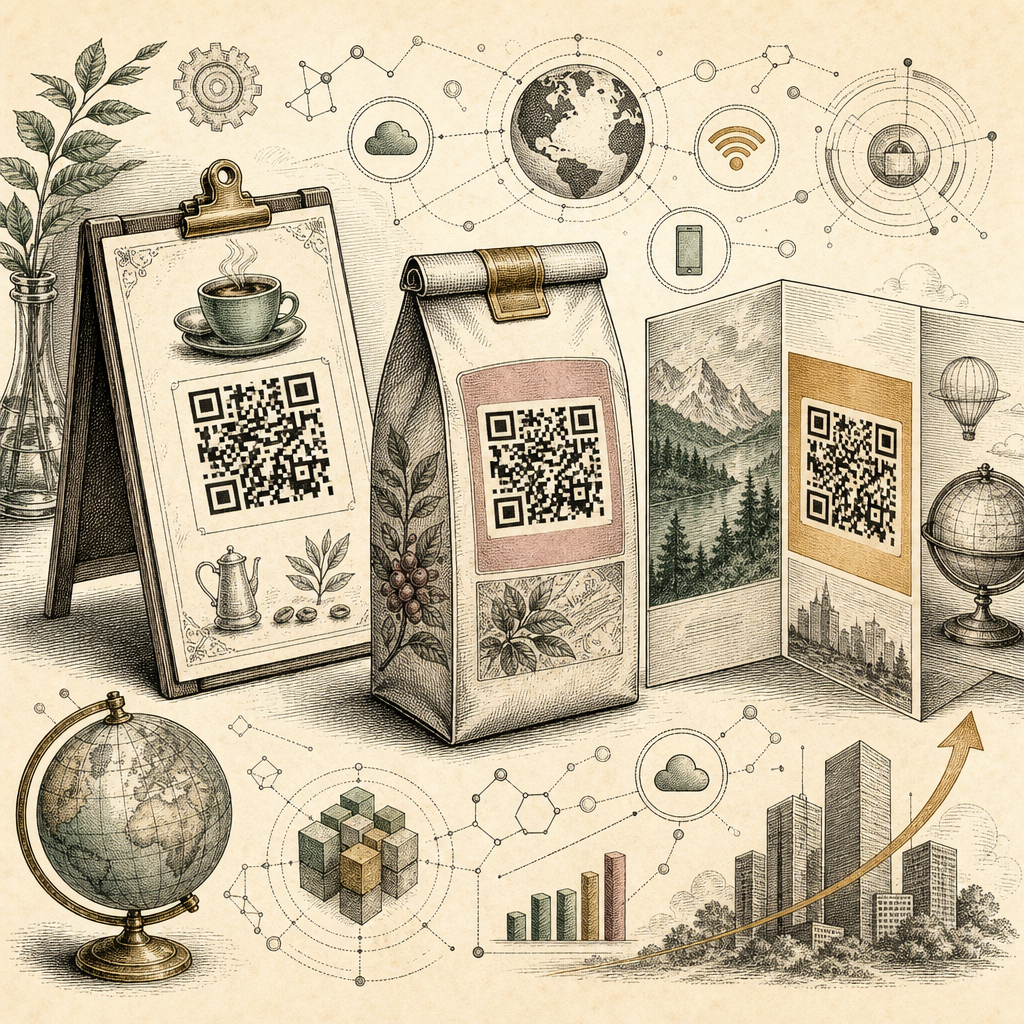 A dynamic scene of QR codes in various business applications: a QR code on a coffee shop menu, on a retail product for added information, and on a marketing brochure. Include abstract icons representi