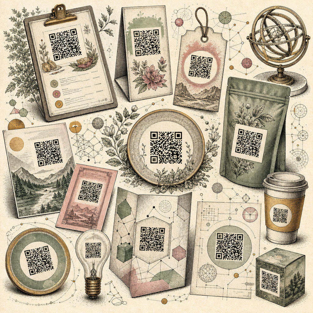 A collage of QR codes in various shapes and sizes, scattered creatively among objects like menus, flyers, and product packs, symbolizing their multifaceted business applications. Abstract and colorful