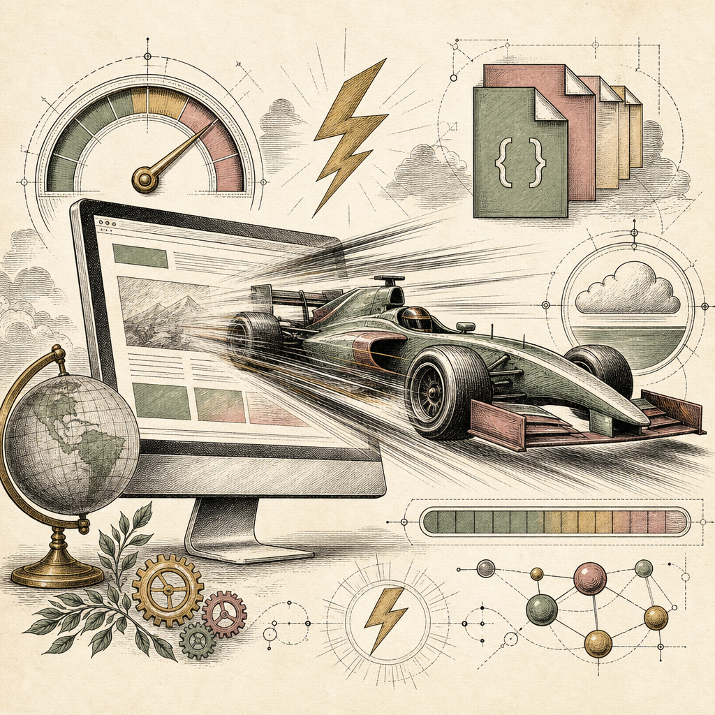 A digital racecar with speed lines zooming past a computer screen, symbolizing web performance optimization. Include icons like CSS files, loading bars, and lightning bolts to emphasize speed and tech