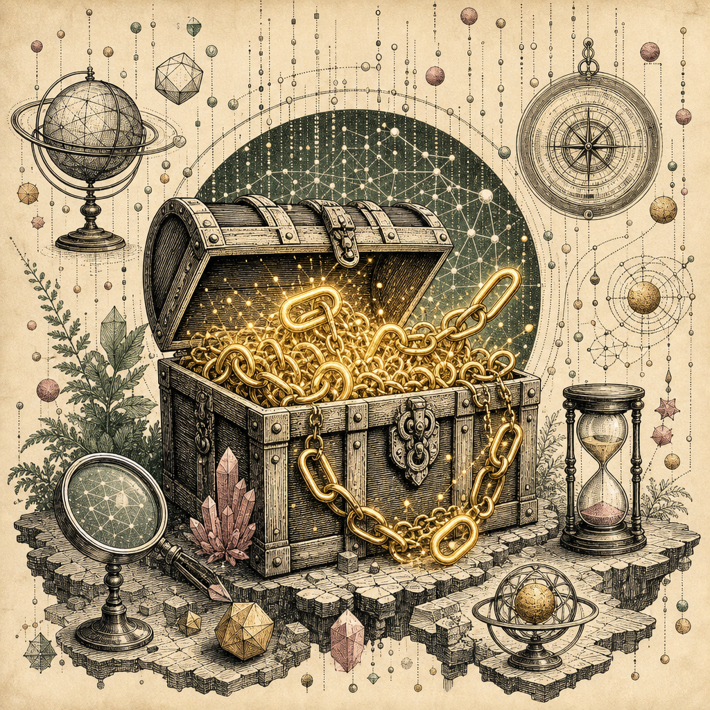 A treasure chest overflowing with glowing backlinks represented as chains and links, set against a mystical digital background with bits and bytes floating around.