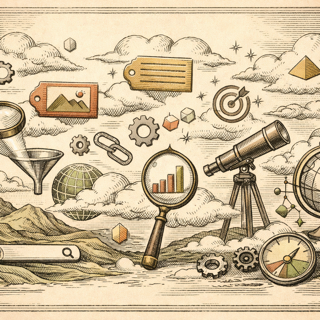 A digital landscape with various meta tag icons like 'title', 'description', 'keywords', floating amidst clouds symbolizing SEO. The scene is a vibrant mix of code snippets and abstract symbols repres