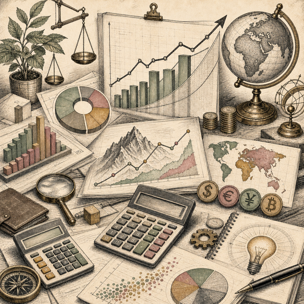 A visual representation of side hustle economics: a desk filled with various charts showing income growth, calculators displaying ROI and profit margins, and exchange rate symbols for currency convers