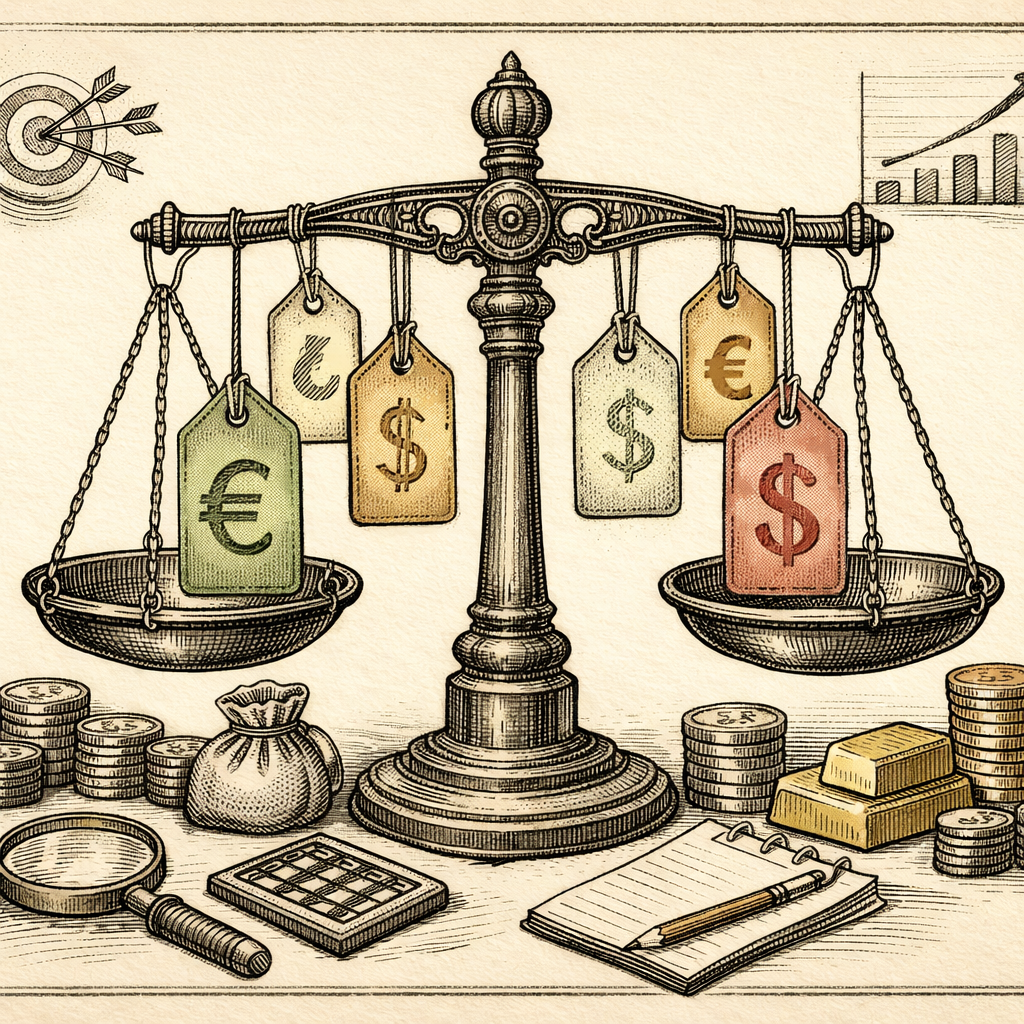 Illustration of a variety of price tags with different currencies, all hanging from an intricate balance scale, symbolizing smart pricing strategies for small businesses.