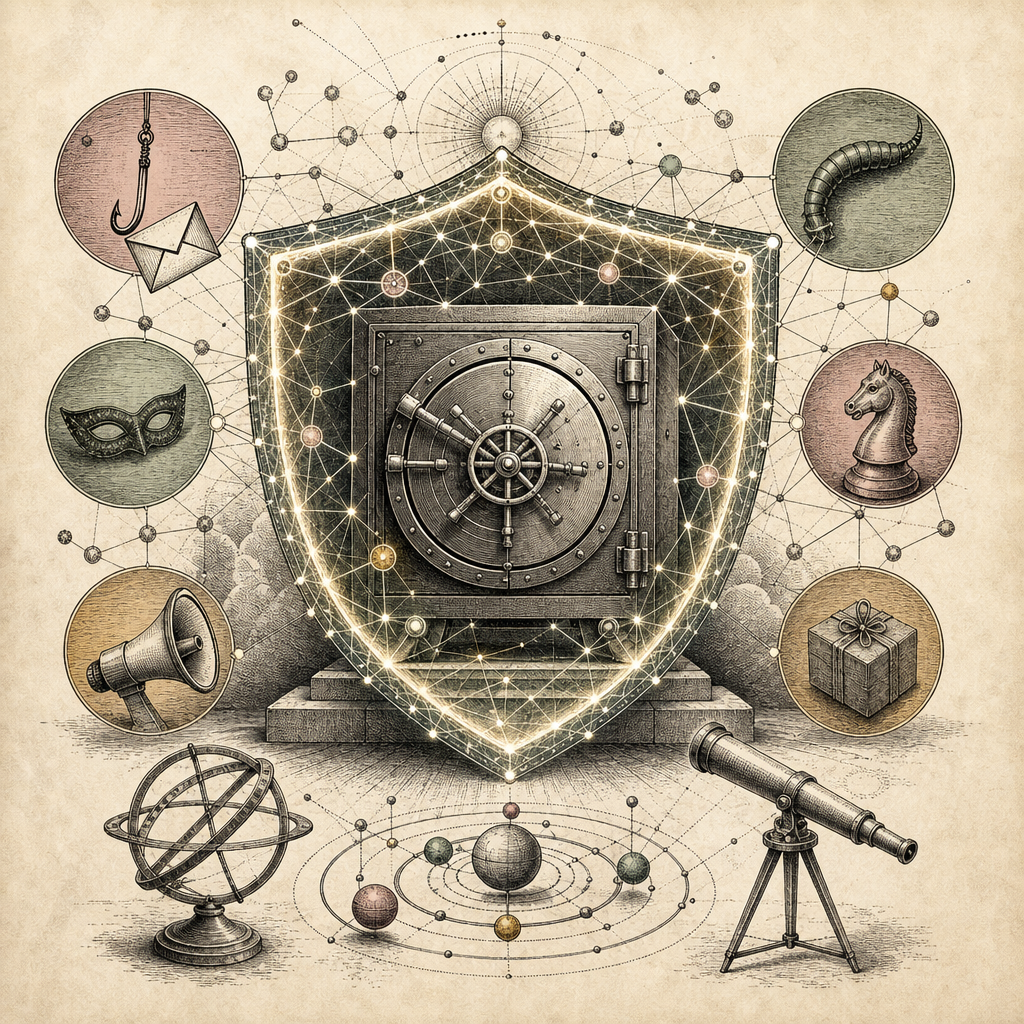 An abstract digital shield made of interconnected lines and symbols protecting a vault, symbolizing defense against social engineering tactics.