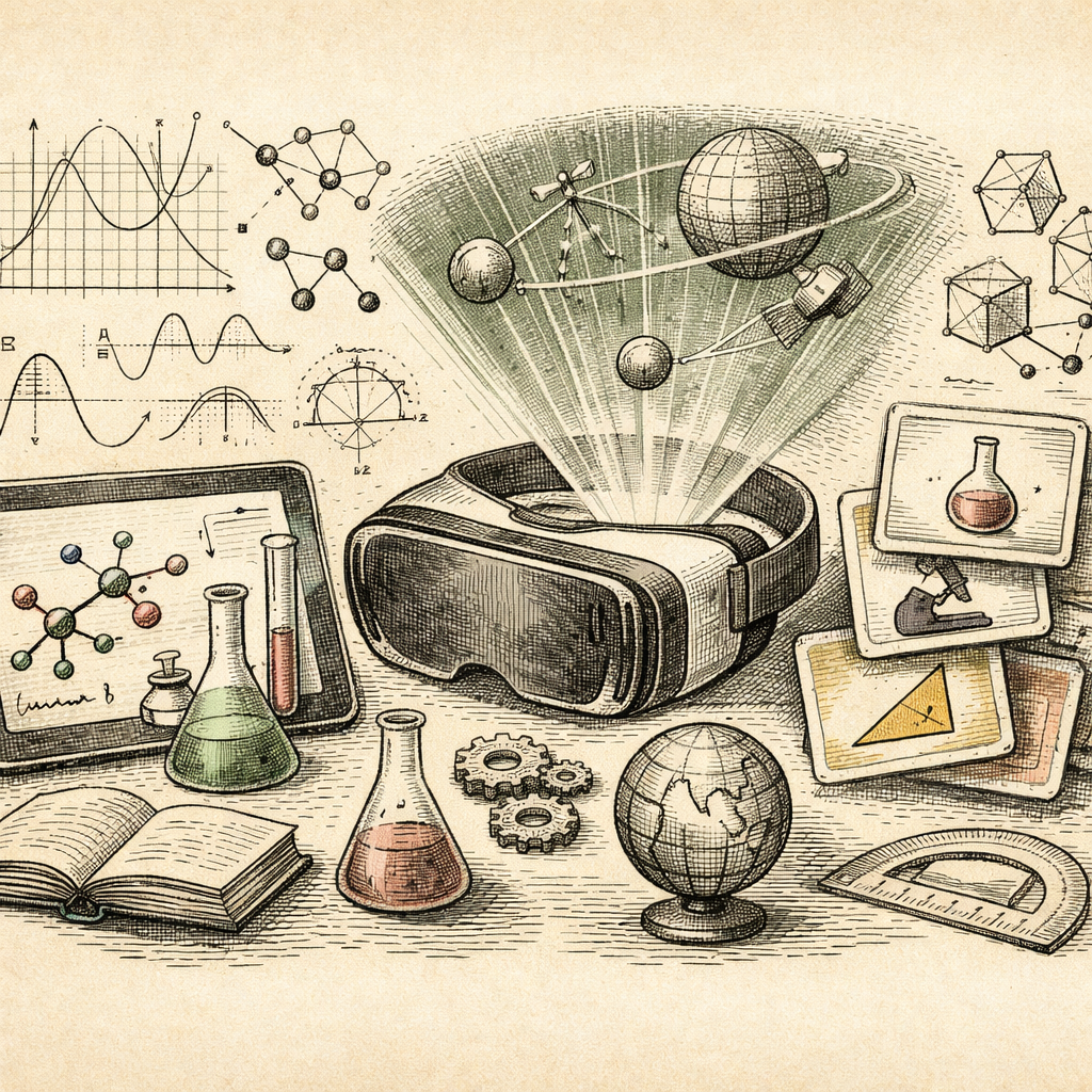 Abstract concept of digital STEM education. Show a blend of traditional and digital elements like a tablet with chemical formulas, a virtual reality headset projecting a physics simulation, mathematic
