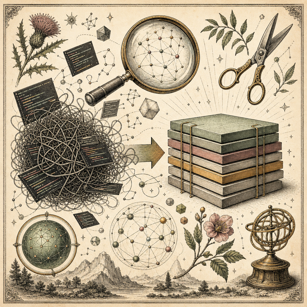 A tangled web of code turning into a tamed, organized stack with tools like a magnifying glass, scissors, and code snippets floating around.