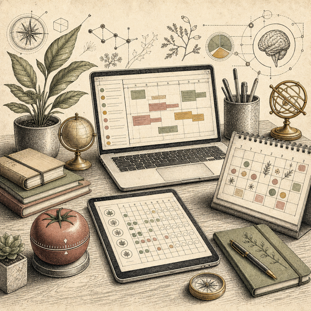 A home office setup featuring a variety of productivity tools: a Pomodoro timer, a habit tracker on a tablet, a calendar with marked tasks, and a laptop screen showing a scheduling app. No humans, fac