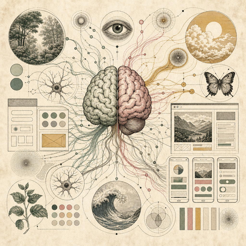 An abstract illustration featuring intertwining neural pathways with vibrant color palettes, typography samples, and interface elements symbolizing the interaction between UI/UX design and psychology.