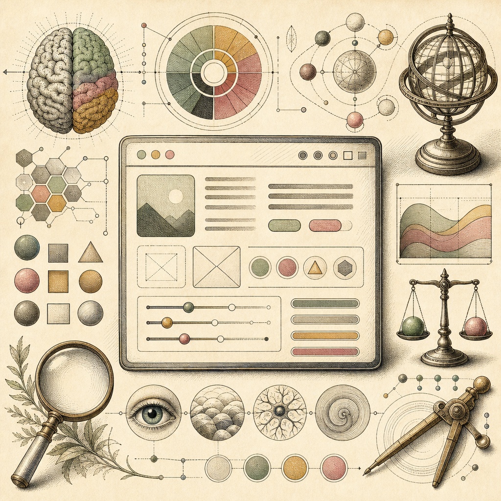 A vibrant scene showing abstract representations of a computer interface, highlighting elements like color palettes, typography styles, and interactive UI components, symbolizing the psychology of UI/