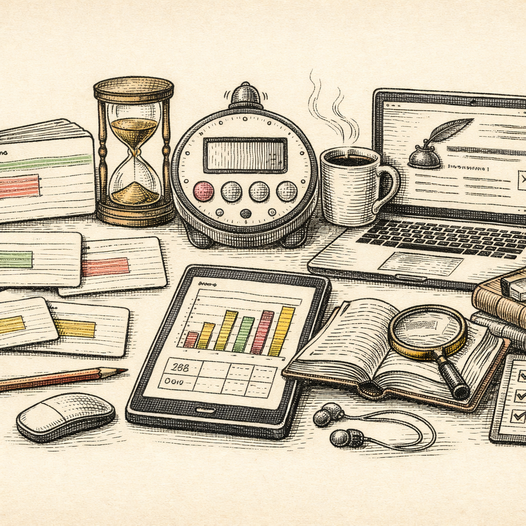 A collection of digital study tools represented as icons and gadgets arranged on a virtual desk, including flashcards, a study timer, a GPA calculator, and a citation generator, symbolizing the divers