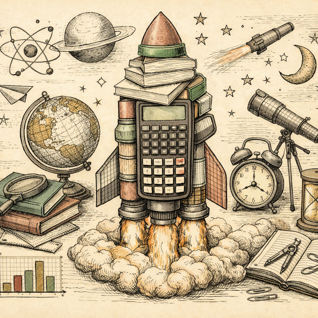 A vibrant scene depicting a digital rocket ship made of study tools such as flashcards, calculators, and timers, symbolizing academic empowerment and exploration.