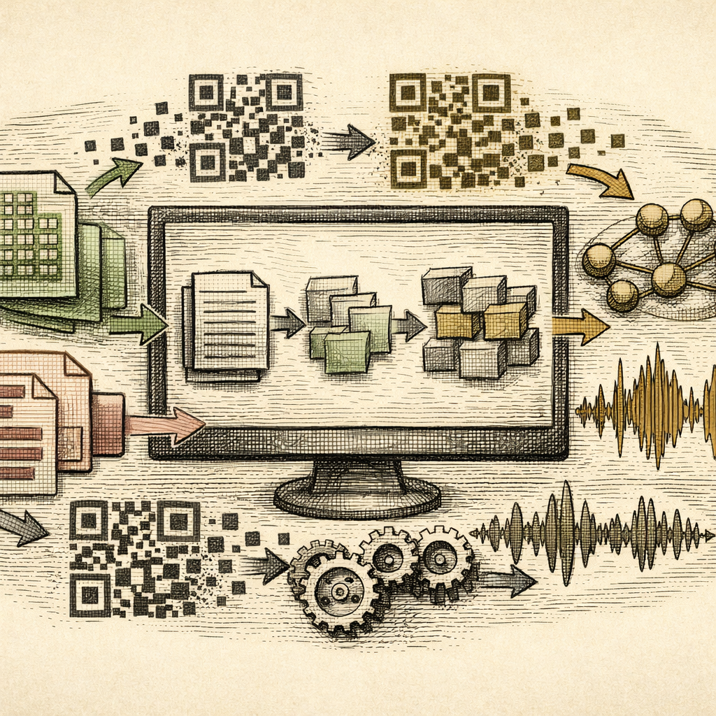 An abstract scene with various file format symbols (CSV, XML, JSON) transforming into one another on a digital screen, with QR codes and audio waves intermingling, symbolizing seamless data conversion