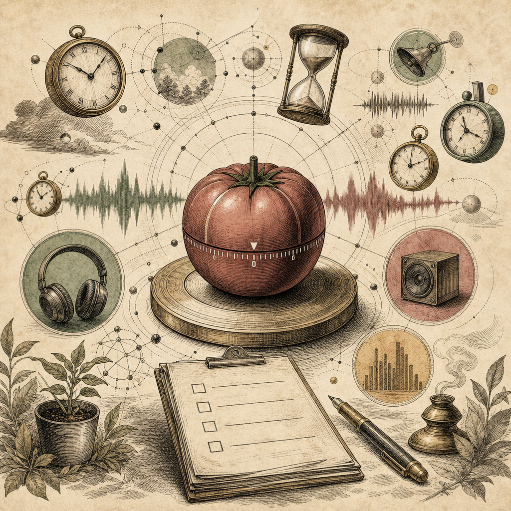 An abstract representation of focus techniques featuring a Pomodoro timer, ambient sound waves, and a checklist surrounded by floating digital clocks and ambient sound icons, symbolizing control over 