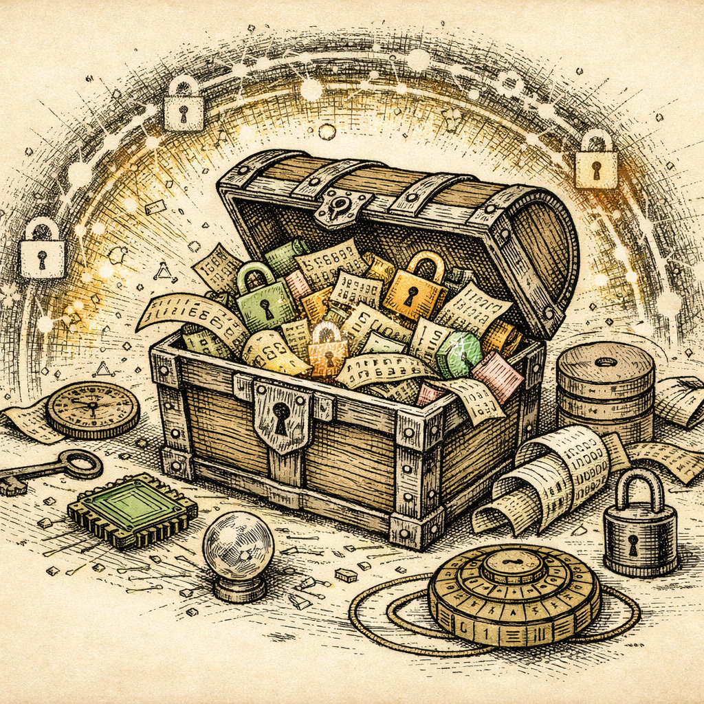 A treasure chest brimming with digital symbols like padlocks, code strings, and encrypted text, surrounded by a magical barrier symbolizing encryption protection.