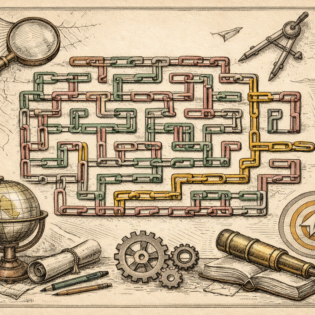 An abstract maze made of URL links, with one distinct, highlighted link leading out of the maze, symbolizing the role of canonical URLs in navigating SEO challenges.