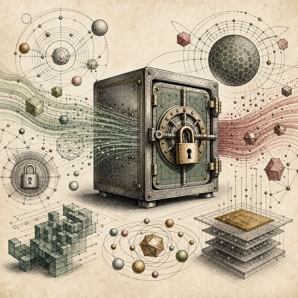 A digital vault with intricate encryption symbols and a lock, surrounded by abstract lines of code and data streams, symbolizing data protection