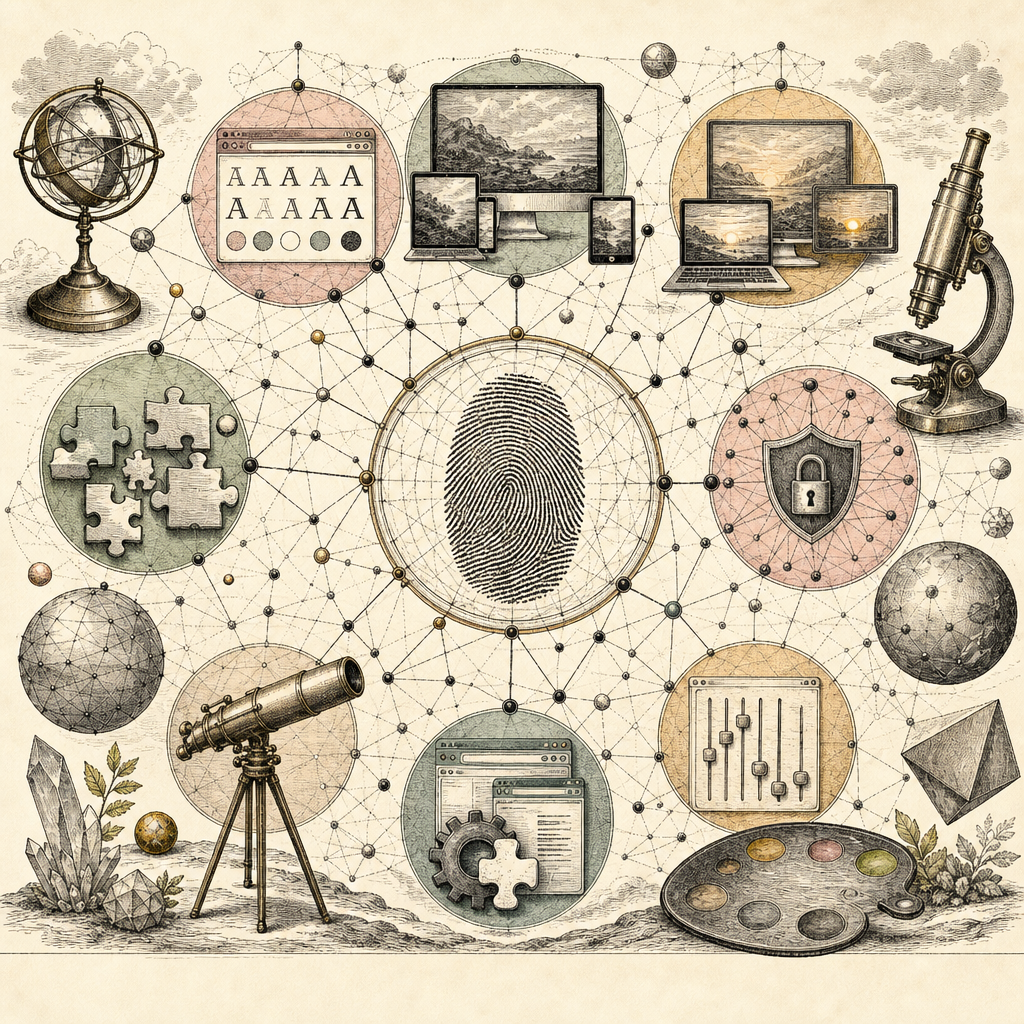 An abstract digital landscape with various browser elements (like fonts, screen resolutions, and plugins) interconnected in a web-like pattern, representing browser fingerprinting.