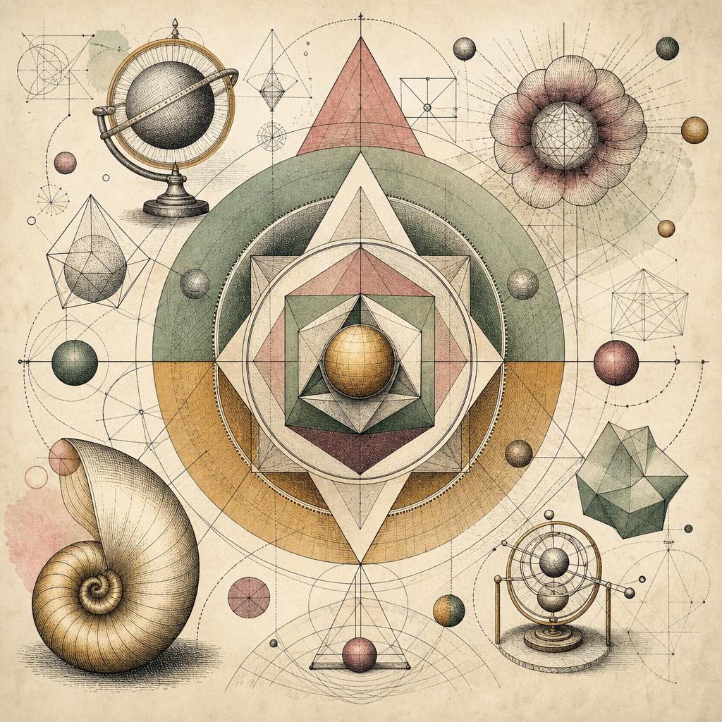 A vivid artwork depicting layers of colorful geometric shapes layered in a way that leads the viewer's eye through the image, representing visual hierarchy.