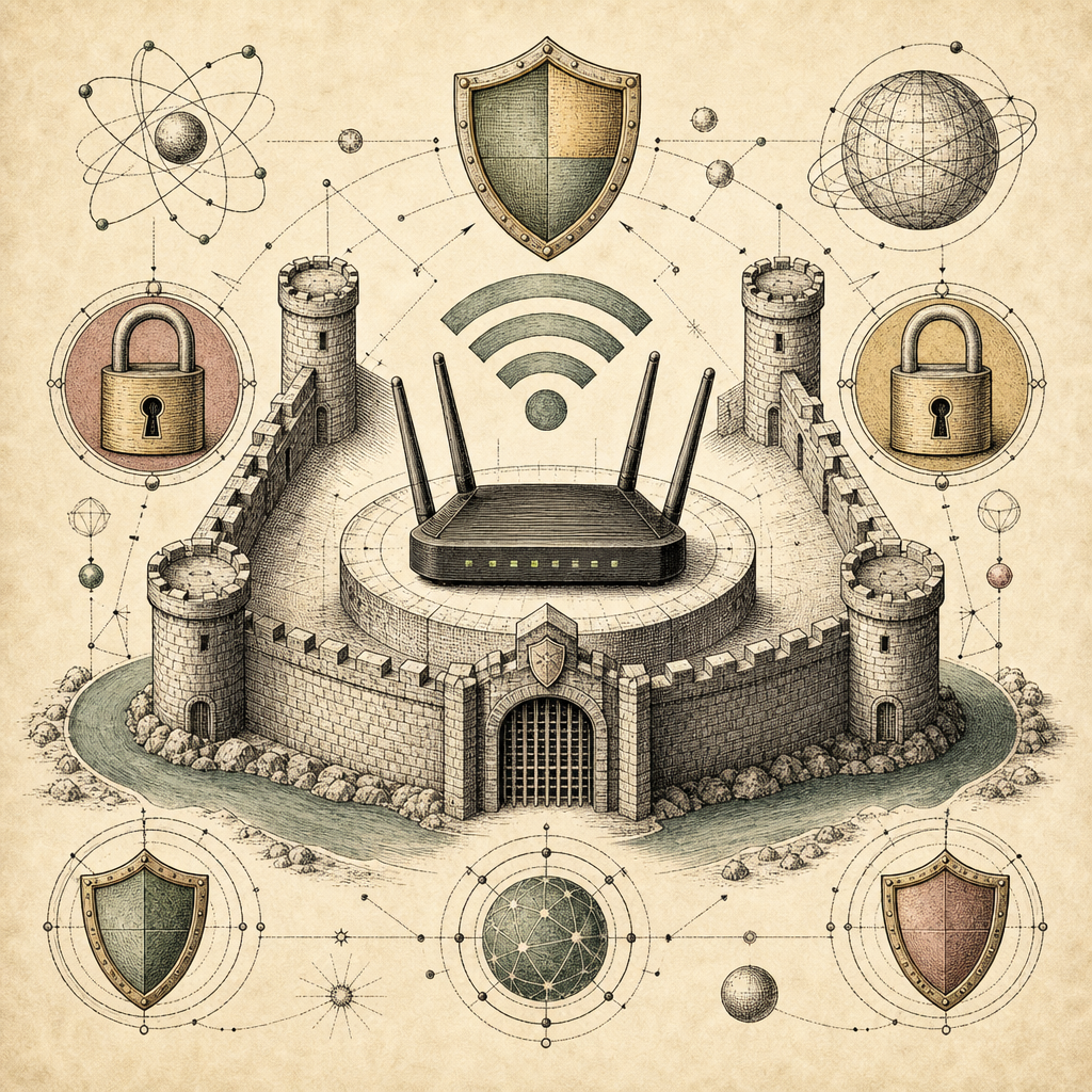 A digital fortress surrounding a Wi-Fi router, with abstract padlocks and shield symbols, symbolizing network security.