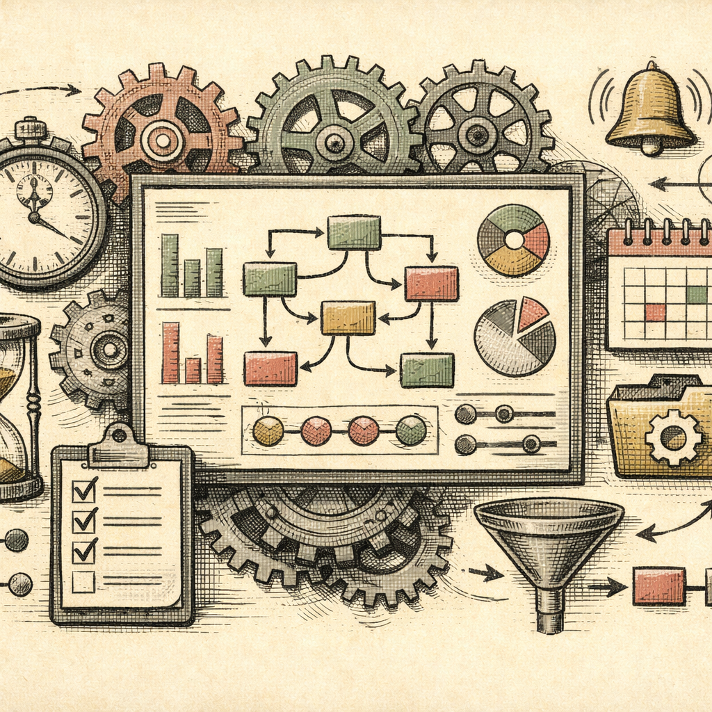 Illustration of a digital dashboard with gears and icons for automated processes, featuring elements like timers, checklists, and calendars symbolizing workflow automation.