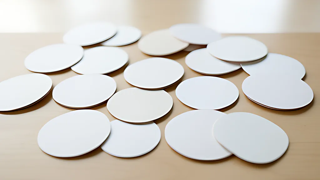 Rows of blank rounded paper cards in orange and sky blue laid in a neat grid on a desk, a few pairs overlapping, in soft daylight.