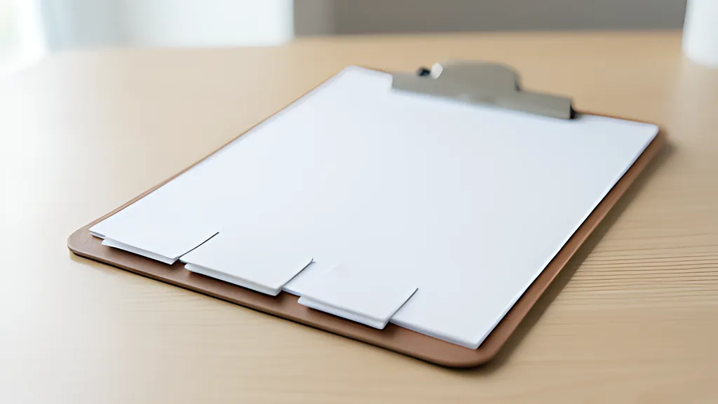 A clipboard holding a blank sheet with small blank paper tabs clipped along its lower edge, on a tidy desk in soft daylight.