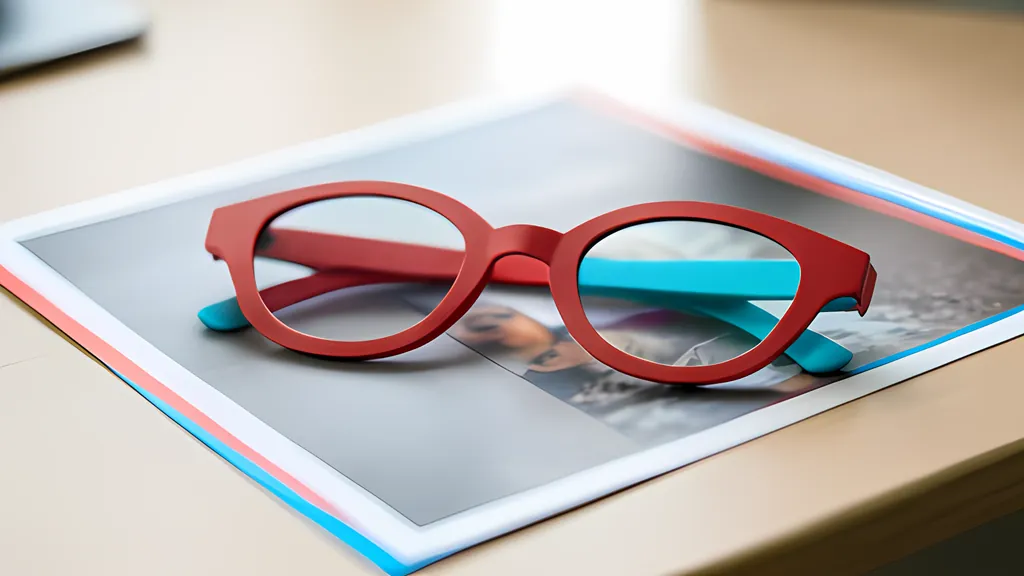 A pair of cardboard glasses with one red and one cyan lens lying on a printed photograph whose edges show red and cyan fringes, on a desk.