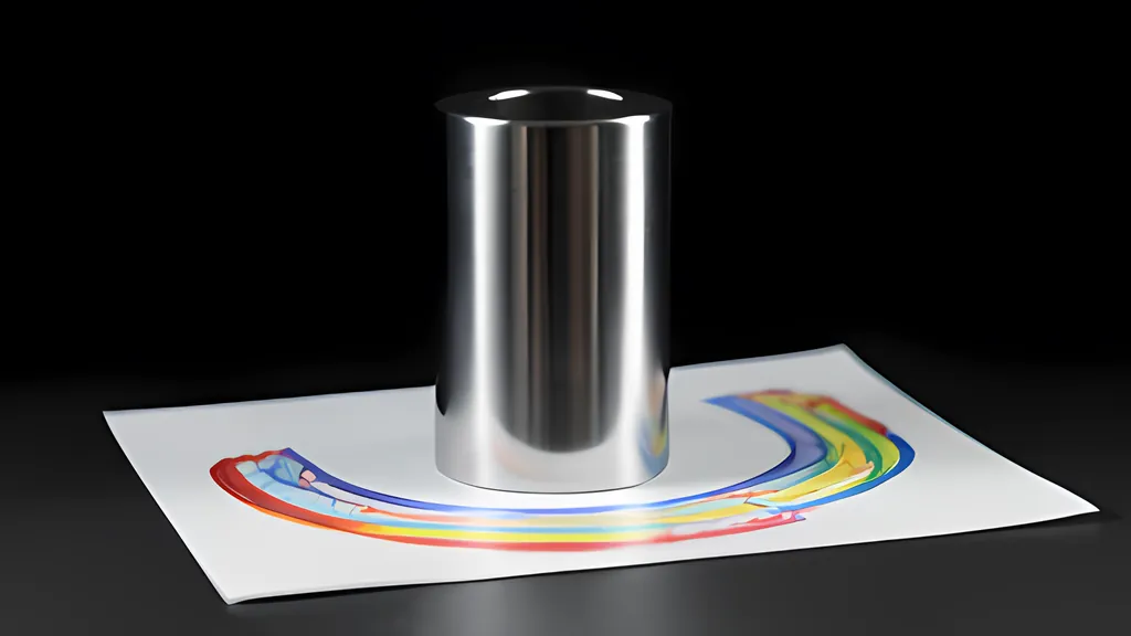 A polished chrome cylinder standing on a sheet of paper, with a stretched and curved colorful drawing fanned around its base under studio light